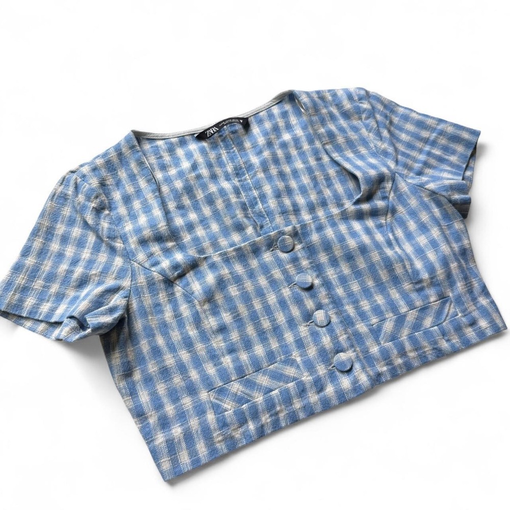 Zara - Blue/White Plaid Woven Crop - Size M